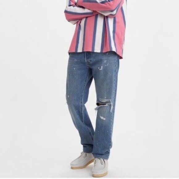 Levi's Premium 501 '93 Straight Fit Paint Splatter Distressed Jeans Blue 30 x 30 - Picture 2 of 13